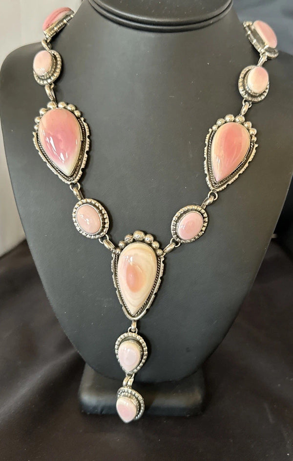 Pink Queen Conch Lariat Necklace Navajo Pendant 28" | Sterling Silver | Authentic Native American Handmade | 19334