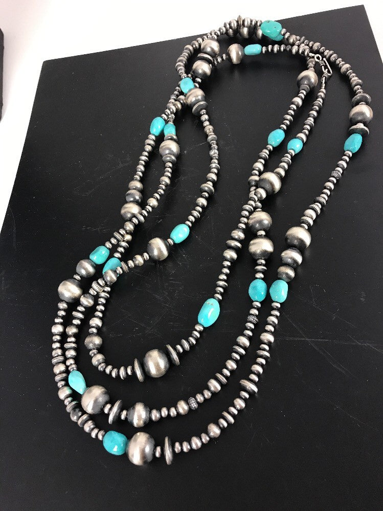 Sterling Silver Navajo Pearls Sleeping Beauty Turquoise Necklace 70" 8051
