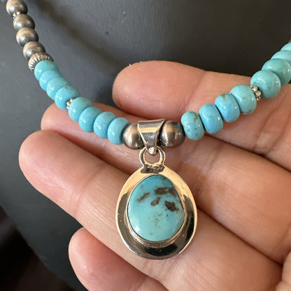 WoMens Blue Kingman Turquoise Pendant Navajo Sterling Silver Necklace 21" 18424