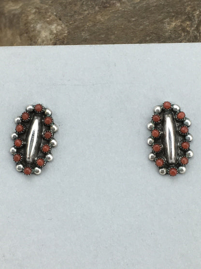 Red Coral Zuni Cluster Sterling Silver Earrings 0.75" 01094