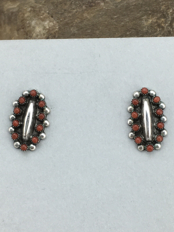 Red Coral Zuni Cluster Earrings 0.75" | Sterling Silver | Authentic Native American Handmade | 01094