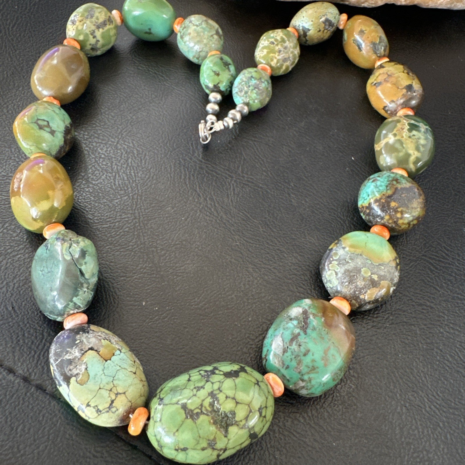 Blue Green Turquoise Spiny Chunky Navajo Sterling Silver Necklace 21” 19255
