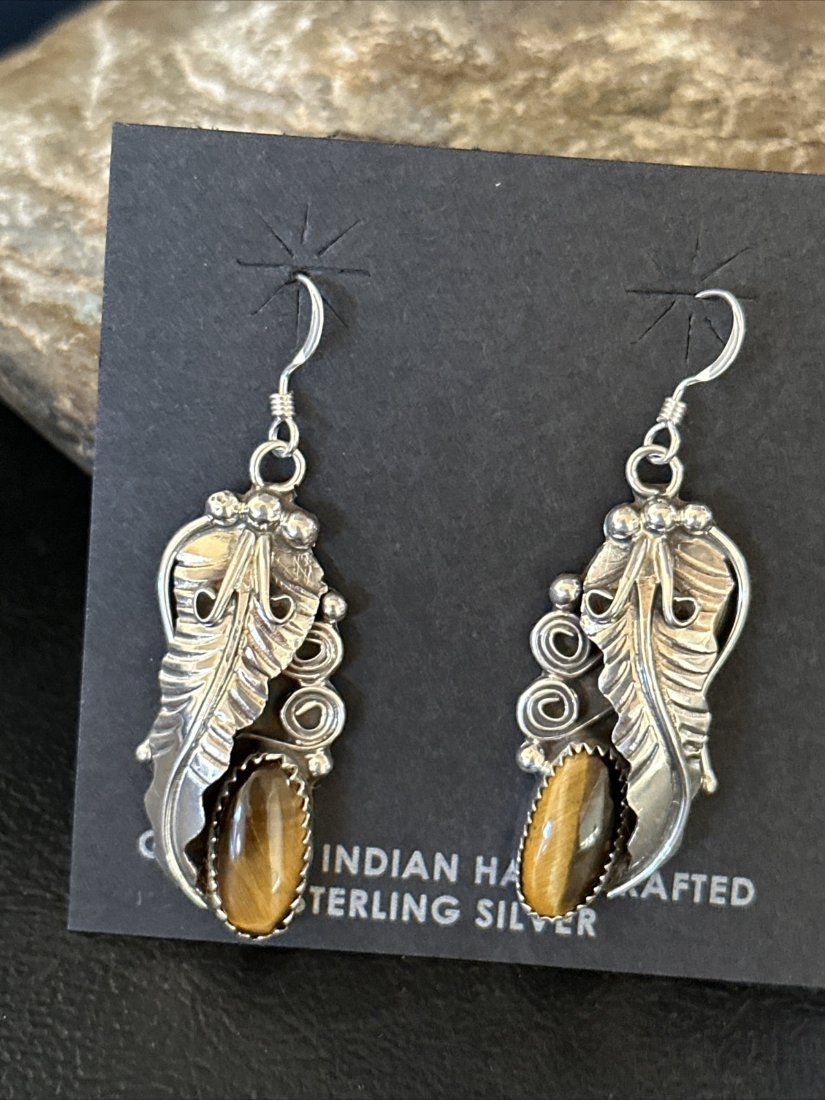 Coffee Tiger's Eye Navajo Sterling Silver Dangle Earrings 14759
