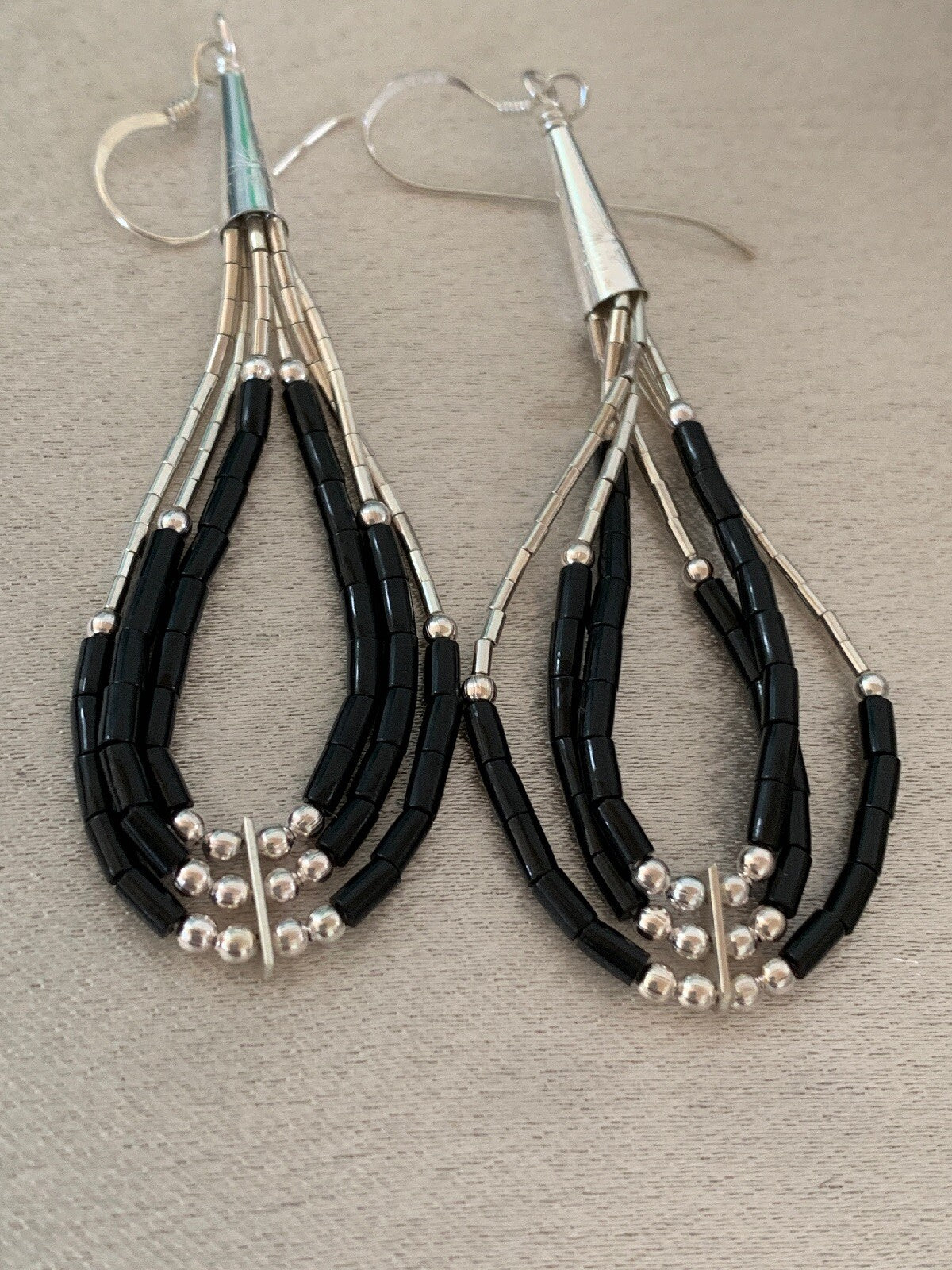 Handmade Native  Sterling Silver Heishi Black Onyx Dangle Earrings 2" 10054