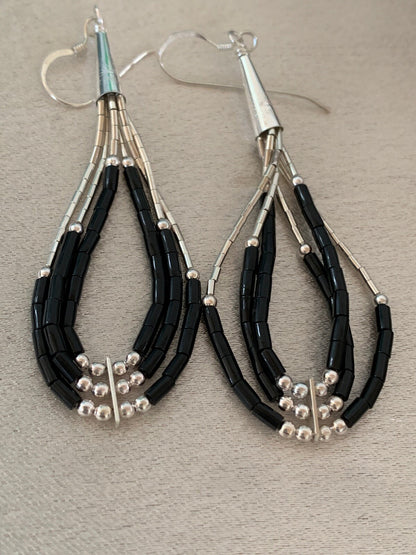 Handmade Native  Sterling Silver Heishi Black Onyx Dangle Earrings 2" 10054