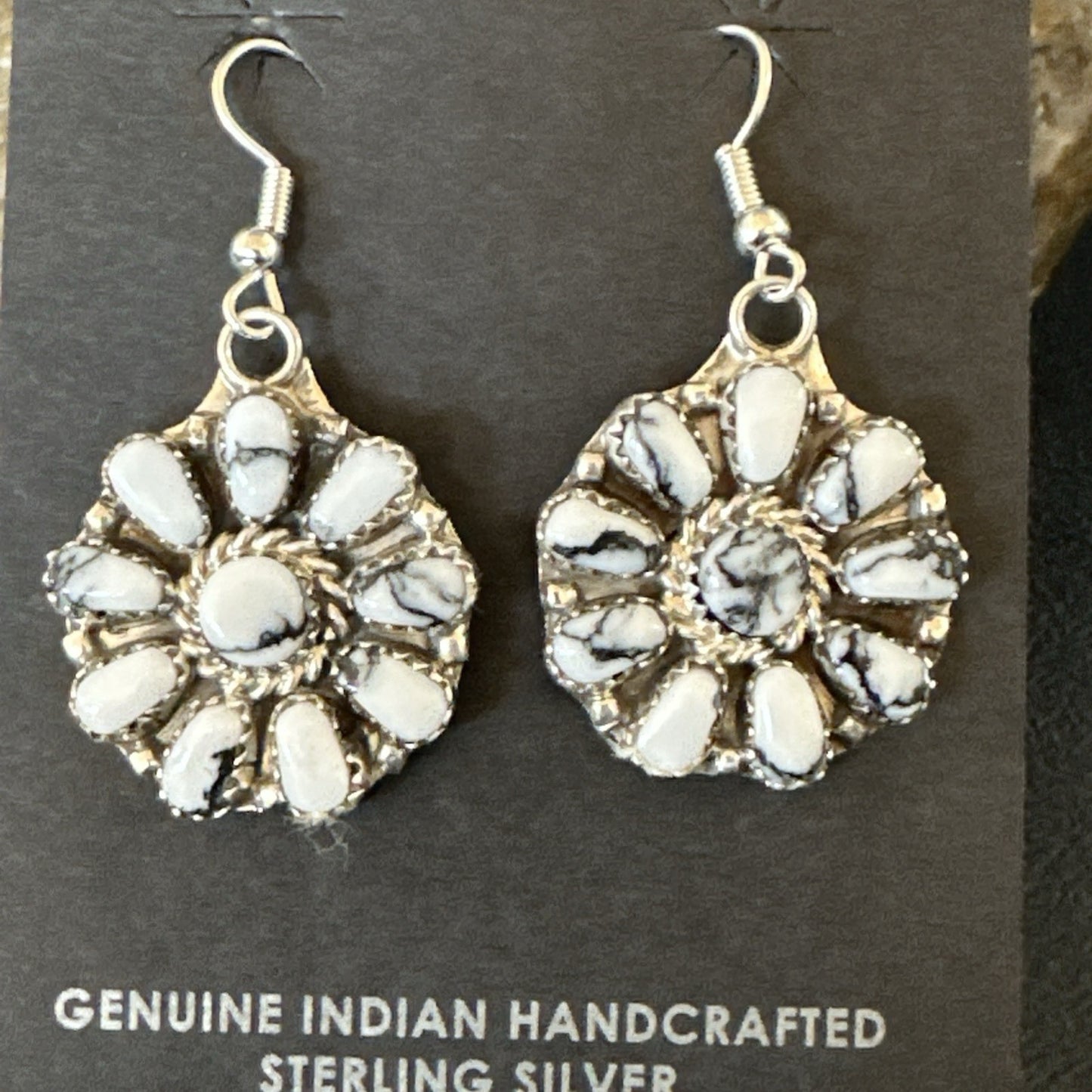 Womens Cluster White Buffalo Navajo Sterling Silver Dangle Earrings 19092