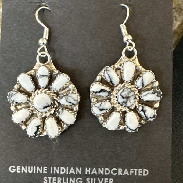Women's Cluster White Buffalo Navajo Dangle Earrings | Sterling Silver | Authentic Native American Handmade | 19092