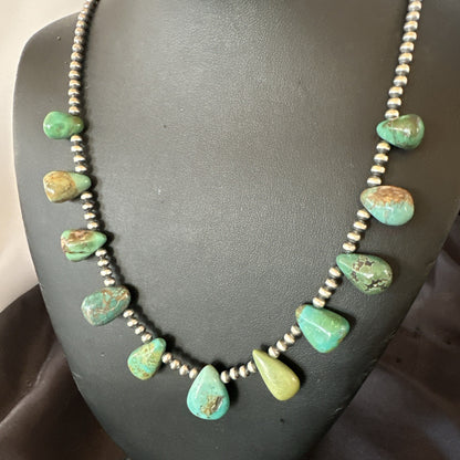 Navajo Pearls Silver Green Teardrop Turquoise Necklace 19015