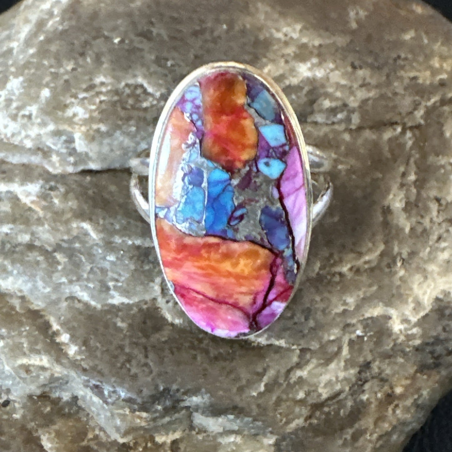 Blue Turquoise Spiny Oyster Southwestern Sterling Silver Ring Size 10 19057