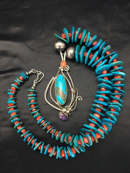 Kingman Turquoise & Spiny Oyster Pendant Navajo Sterling Silver Necklace 02637