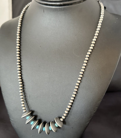 Blue Turquoise Round Flat Sterling Silver Beads Necklace 20” 19026