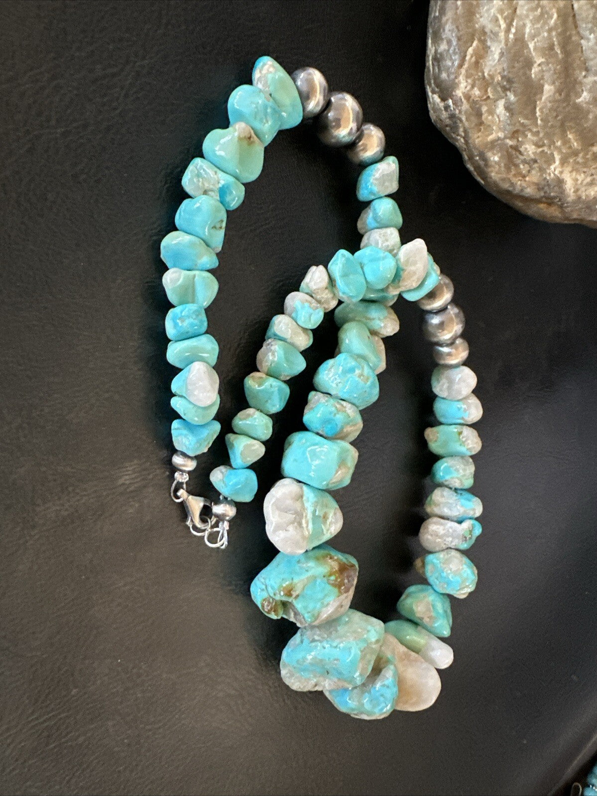 Blue Armenian Turquoise Chunky Nugget Navajo Sterling Silver Necklace 19” 18317