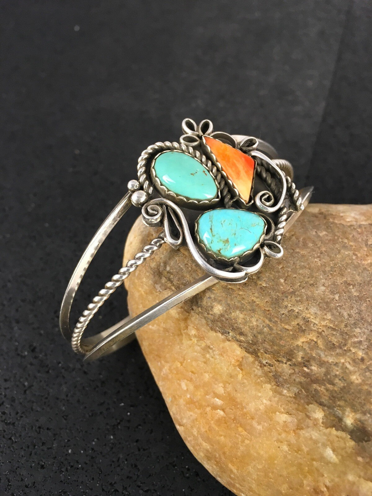 Spiny Oyster & Turquoise Navajo Sterling Silver Bracelet 08846