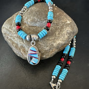Multicolor Turquoise Coral Navajo Inlay Pendant Necklace | Sterling Silver | Authentic Native American Handmade | 19648