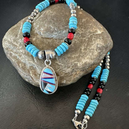 Multicolor Turquoise Coral Navajo Sterling Silver Inlay Pendant Necklace 19648