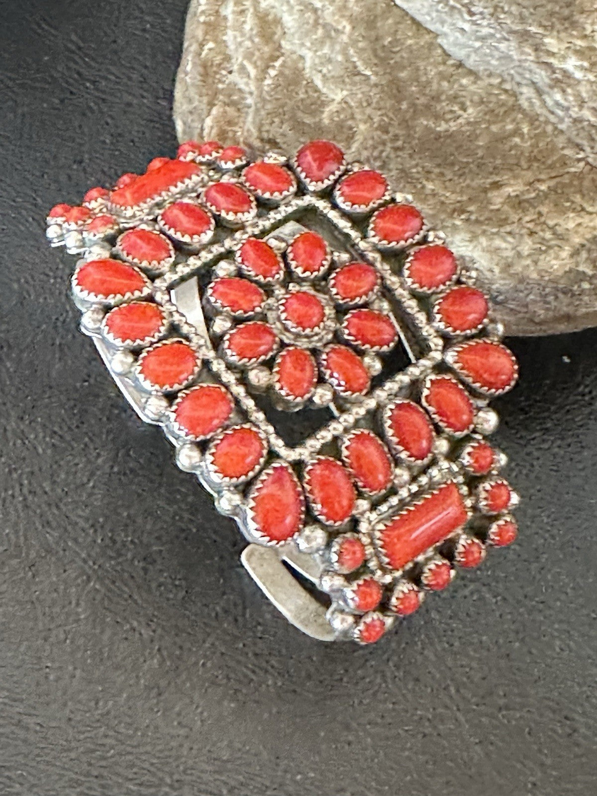 Mens Womens Red Coral Navajo Sterling Silver Cluster Cuff Bracelet 7.25" 19426
