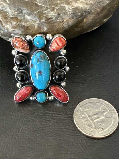 Cluster Blue Turquoise Spiny Oyster Onyx Sterling Silver Ring Size 10 18559