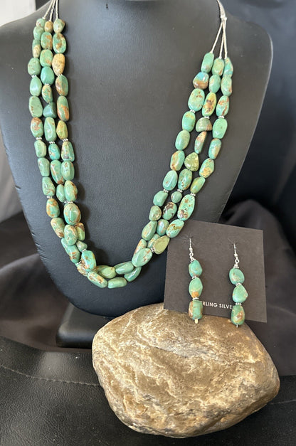 Green Turquoise Heishi 3S Navajo Sterling Silver 22" Necklace Earrings 18569