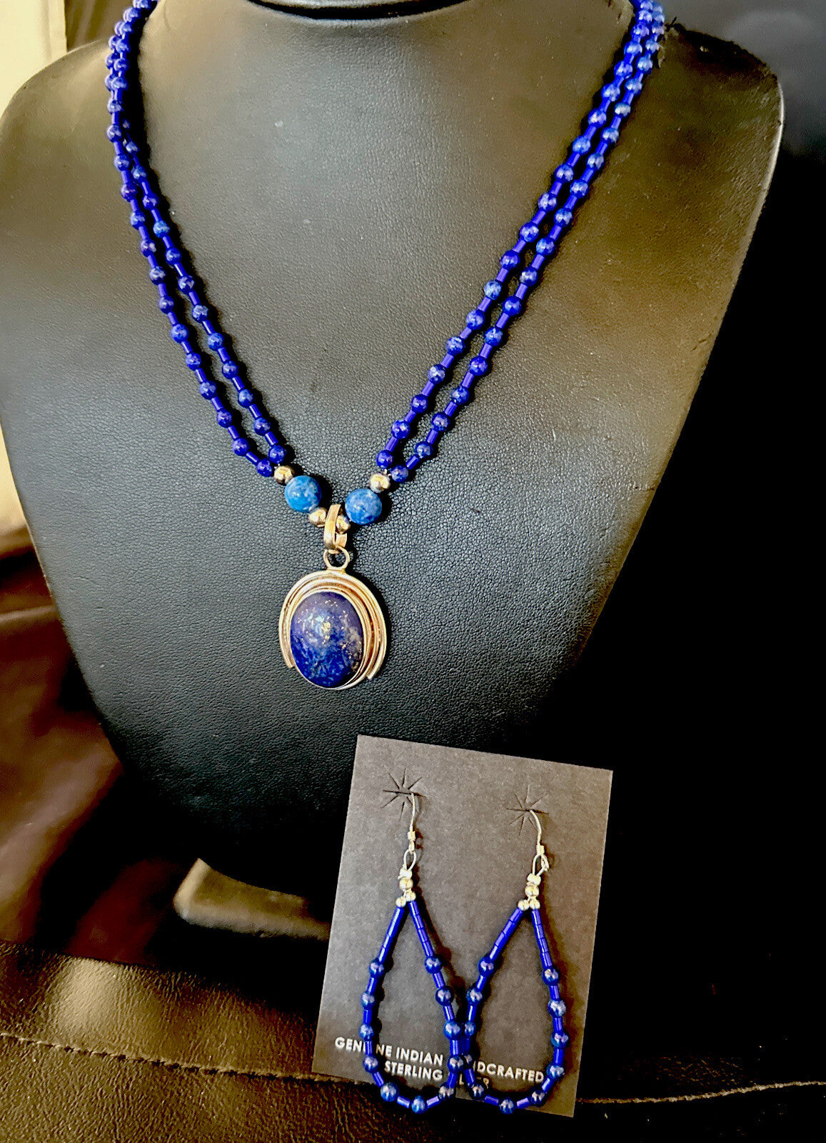 Sterling Silver Navajo Blue Lapis Mens Pendant Necklace Earrings 22” 15539