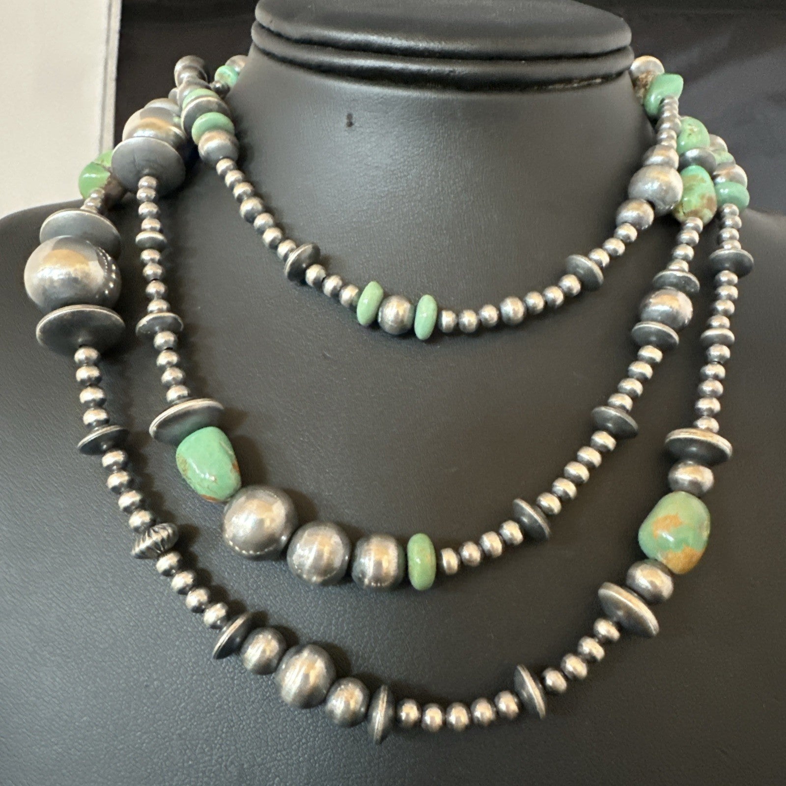 Native Navajo Sterling Silver Beads Green Royston Turquoise 48in Necklace 19116