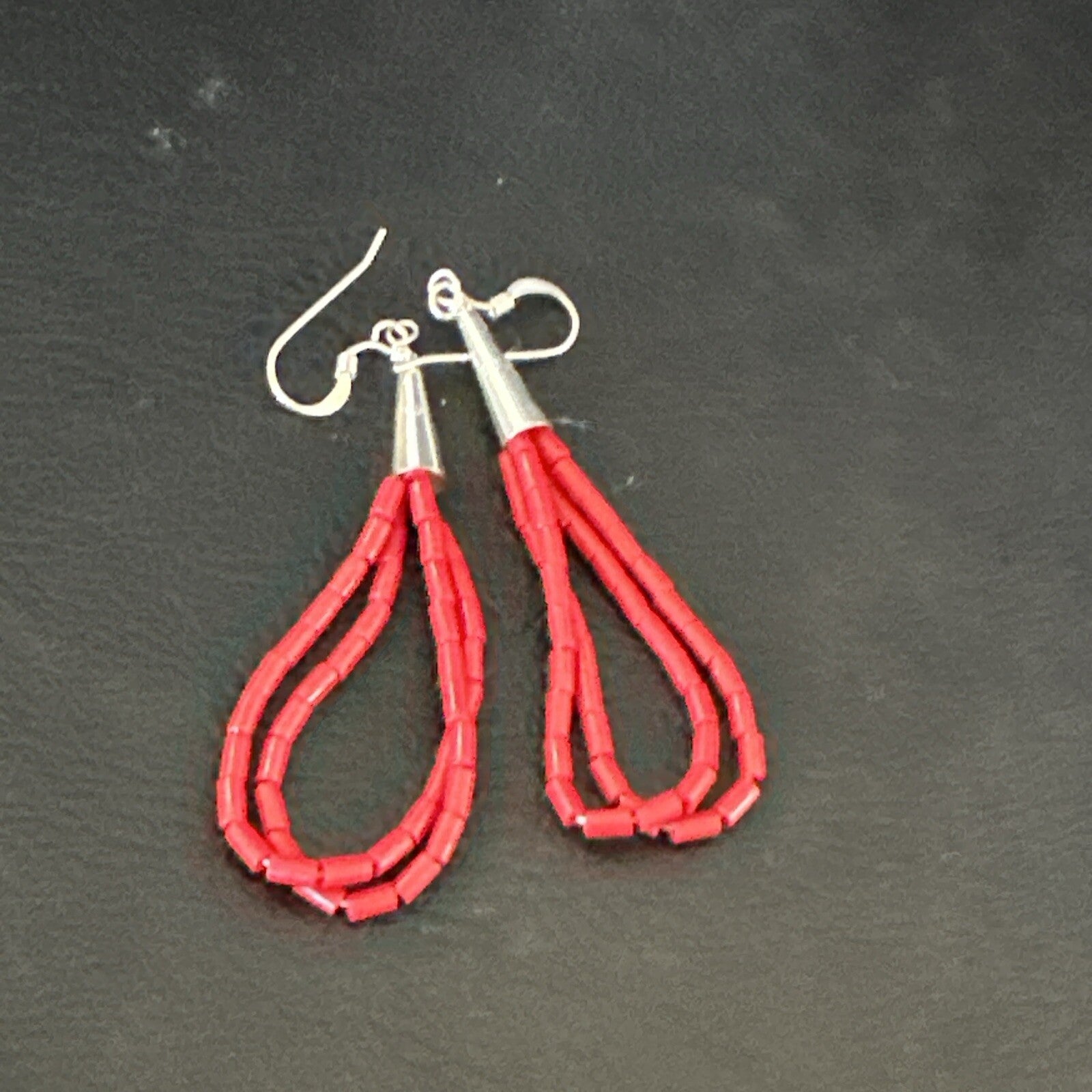 Native Red Coral Heishi Tube Liquid Sterling Silver Dangle Earrings 2" 4394