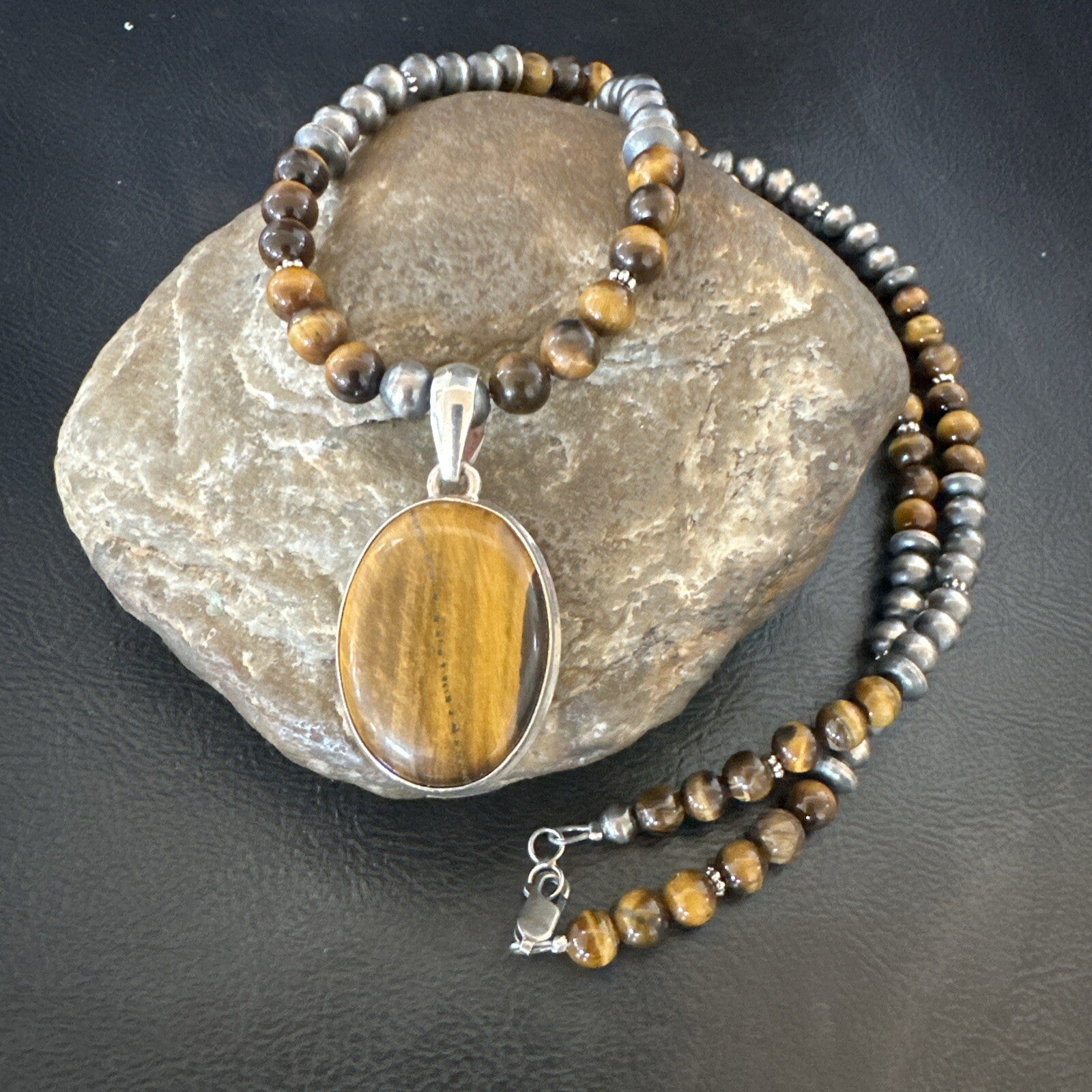 Coffee Brown Tigers Eye Sterling Silver Pendant Necklace Southwestern 18283