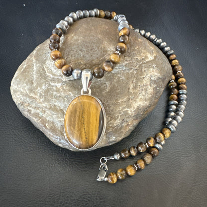 Coffee Brown Tigers Eye Sterling Silver Pendant Necklace Southwestern 18283