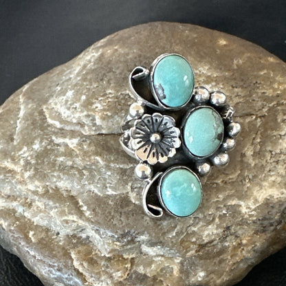 Yazzie Ring Green Turquoise Navajo Sterling Silver Cluster Size7.5 19203