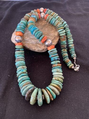 Navajo Pearls Graduated Turquoise Necklace Sterling Silver 23" 480