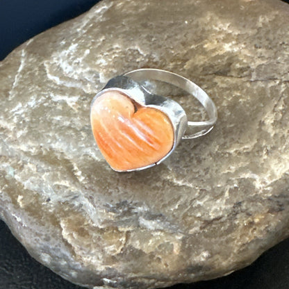 Orange Heart Ring Handmade Navajo Spiny Oyster Sterling Silver Sz 9 19329