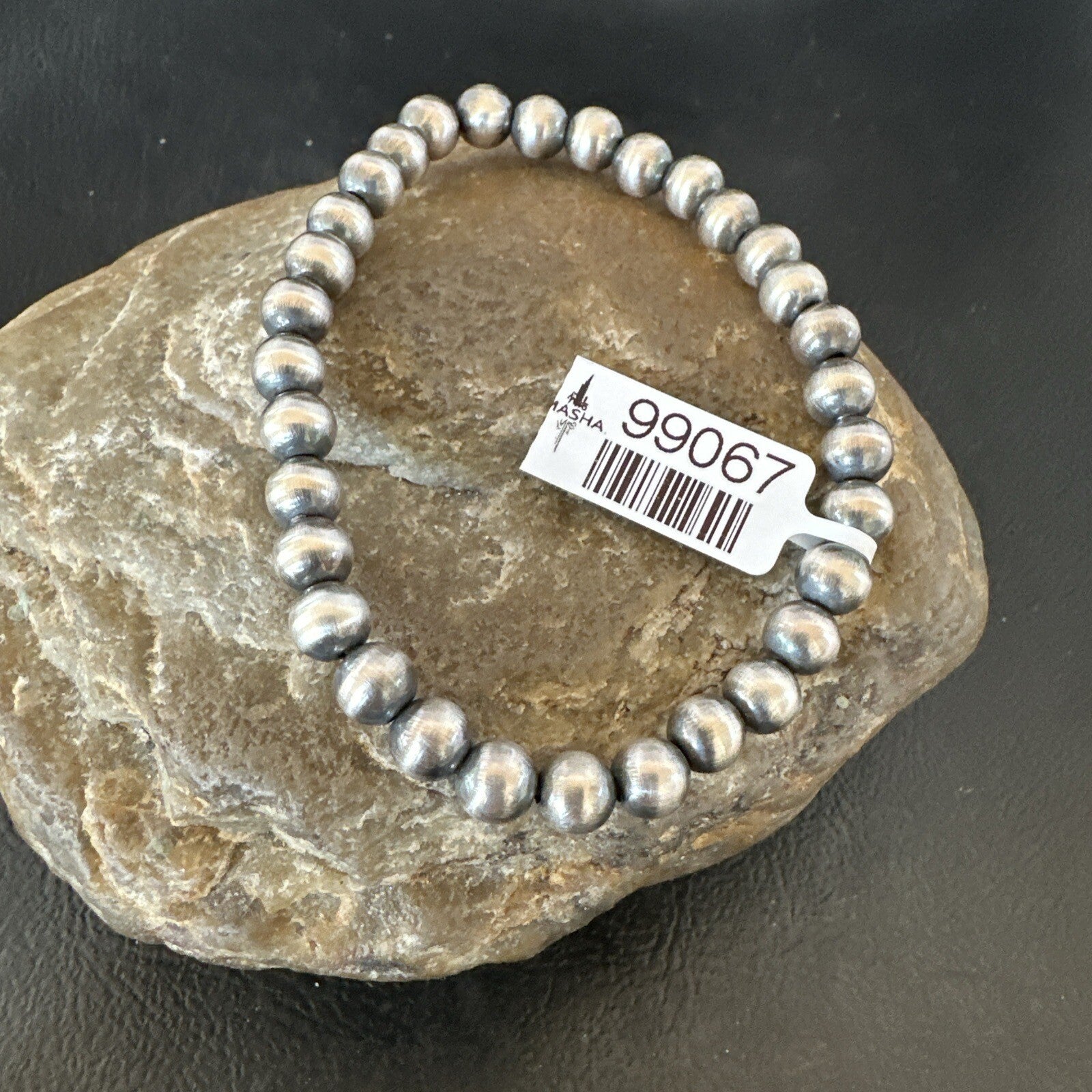 Native American 6mm Beads 7” Sterling Silver Stretch Beads Bracelet 90602