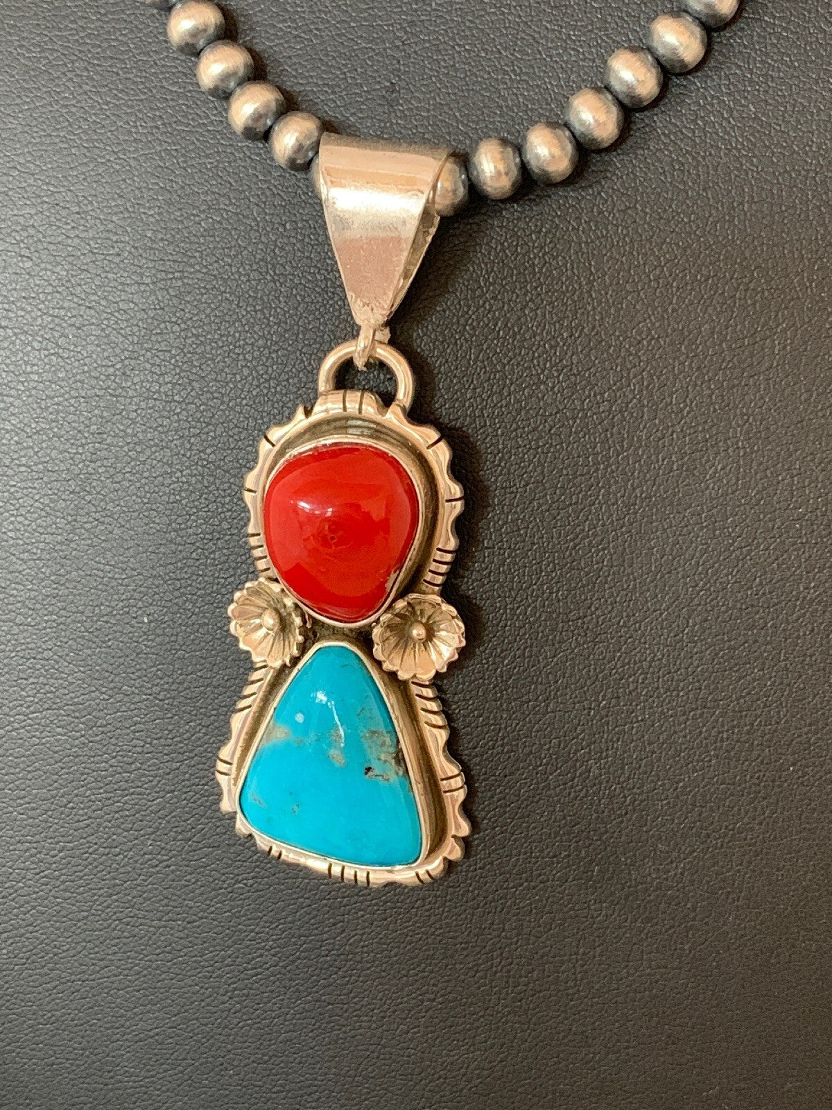 Kingman Turquoise & Coral Pendant Navajo Sterling Silver Necklace 02534