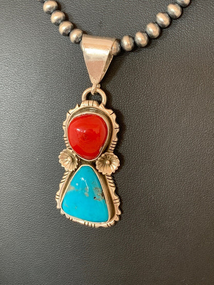Kingman Turquoise & Coral Pendant Navajo Sterling Silver Necklace 02534