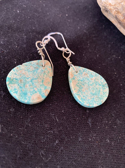Navajo Sterling Silver Slab Turquoise Dangle Earrings 01357