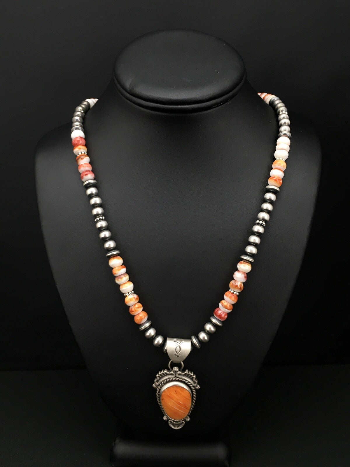 Orange Spiny Oyster Pendant Sterling Silver Beads Necklace 22" 01241