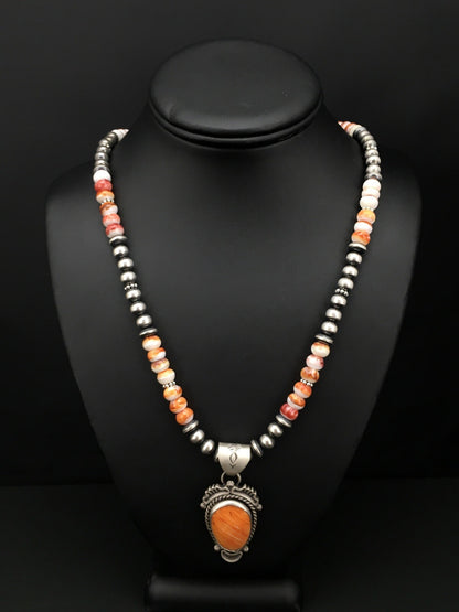 Orange Spiny Oyster Pendant Sterling Silver Beads Necklace 22" 01241