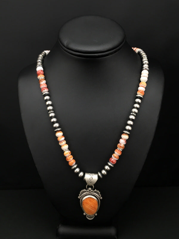 Orange Spiny Oyster Pendant Beads Necklace 22" | Sterling Silver | Authentic Native American Handmade | 01241