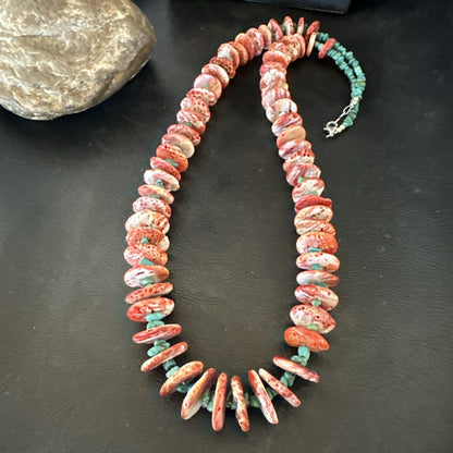 Red Spiny Oyster  Blue Turquoise Navajo Sterling Silver Necklace 28" 19718