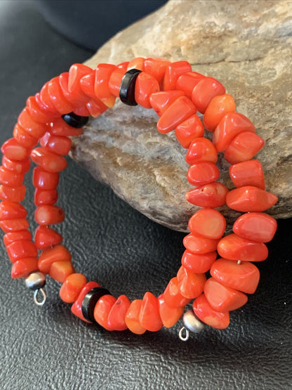 Memory wire Stainless Steel Coral Onyx Bead Bracelet Sterling Silver 01955