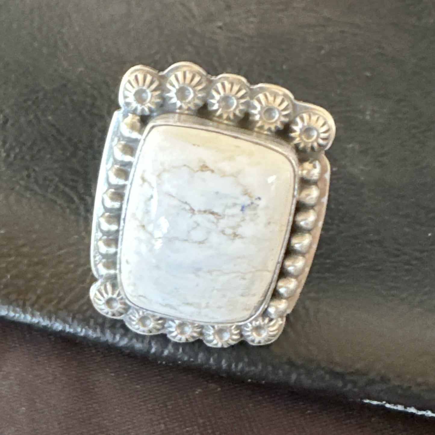 White Buffalo Turquoise Navajo Sterling Silver Ring Size 8 18776