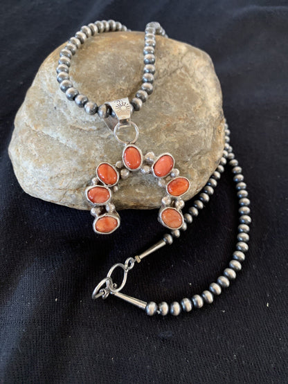 Red Spiny Oyster Naja Pendant Navajo Pearls Sterling Silver Necklace 00326