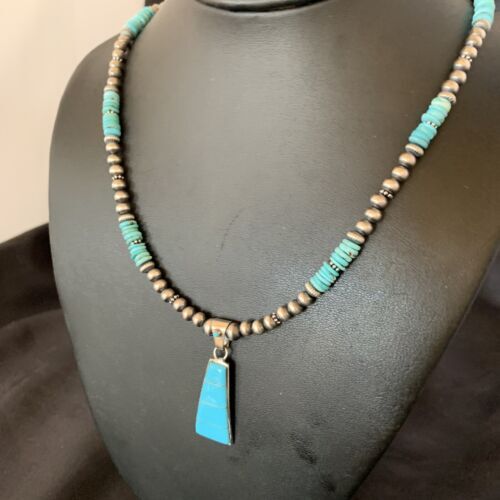Blue Turquoise Inlay Pendant Navajo Pearls Sterling Silver Necklace 12613