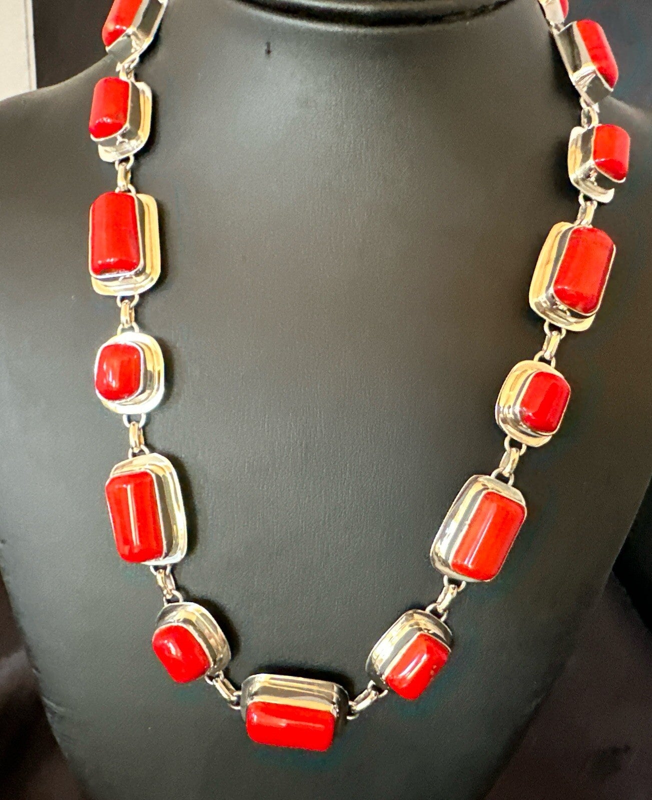 Handmade Women Red Coral Choker Necklace Pendant Sterling Silver 20” 18412