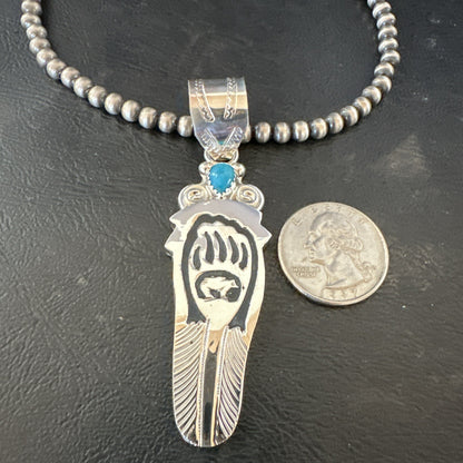 Feather BearPaw Navajo Sterling Silver Blue Turquoise Necklace Pendant 17813