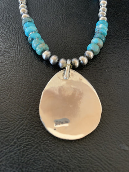 Bear Paw Navajo Sterling Silver Blue Kingman Turquoise Necklace Pendant 11693