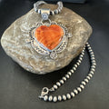 H Joe Orange Spiny Oyster Heart Pendant Navajo Necklace | Sterling Silver | Authentic Native American Handmade | 19482