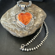 H Joe Orange Spiny Oyster Heart Pendant Navajo Necklace | Sterling Silver | Authentic Native American Handmade | 19482