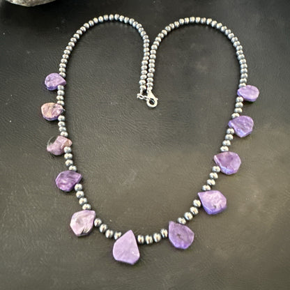 Purple Charoite Teardrop Navajo Pearls Sterling Silver Necklace 20" 17933