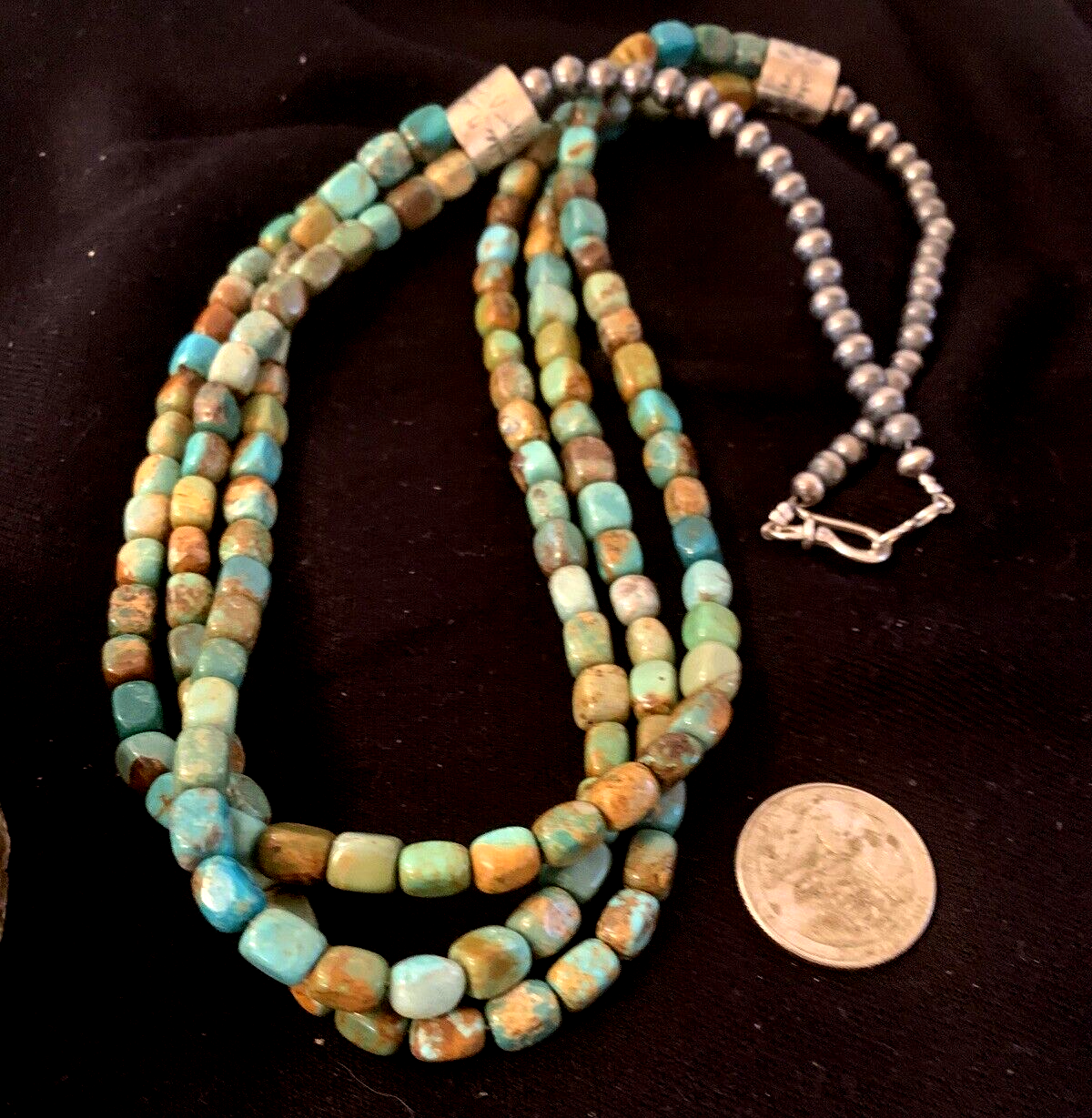 Green Turquoise Navajo Pearls Sterling Silver Native American Necklace 00611