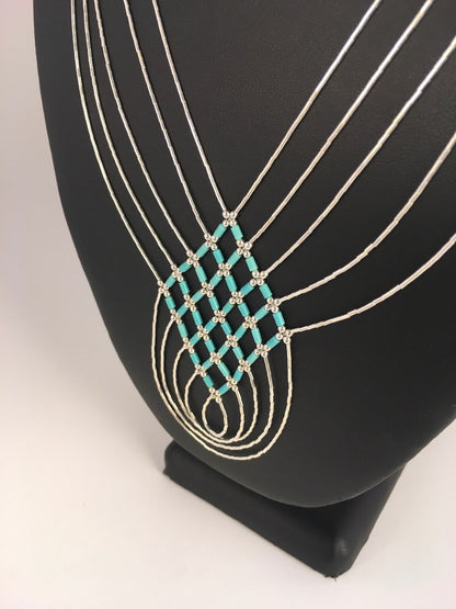 Turquoise Heishi Tubes Pendant 5 Strands Liquid Sterling Silver Necklace 0888